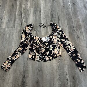Free People Hilary Printed Long Sleeve Top Womens Size XL Black Floral Crop